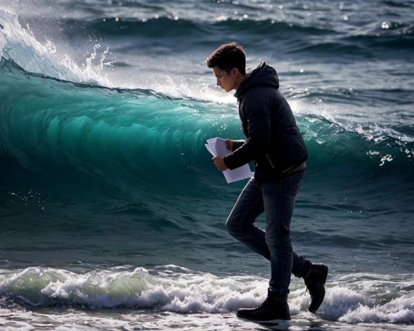 Young man on shoreline with vibrant wave backdrop