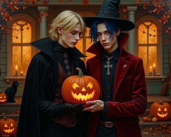 Young Men in Halloween Setting with Jack-o'-Lanterns