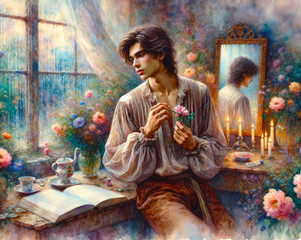 Young man in ruffled blouse seated at a desk with flower