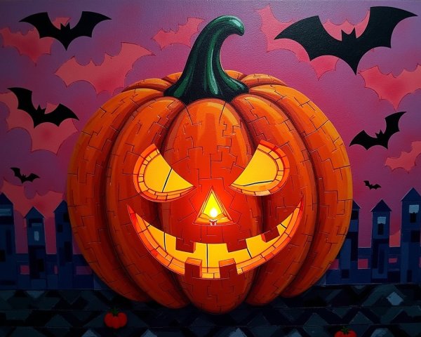 Vibrant Halloween Scene with Carved Pumpkin and Bats