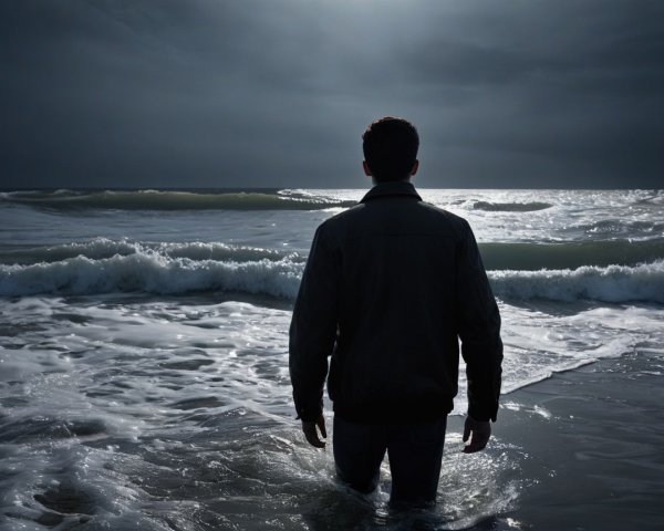 Lone Figure in Shallow Water Under Overcast Sky