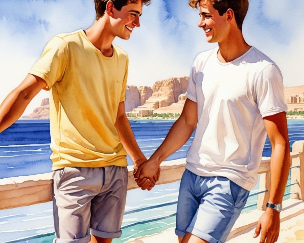 Young men by the seaside in casual summer attire
