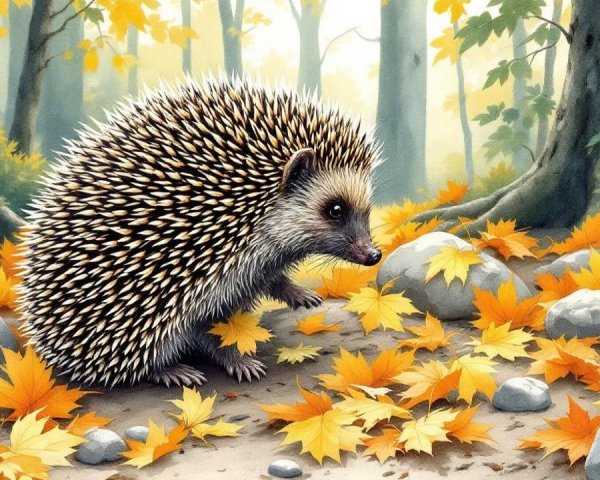 Hedgehog in Autumn Leaves in a Tranquil Forest Scene