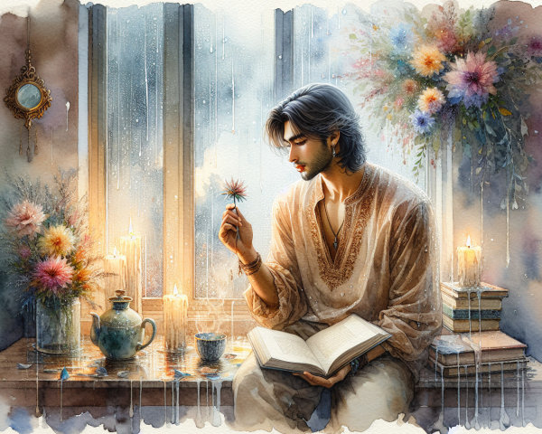 Watercolor Scene of Man by Rainy Window with Flowers