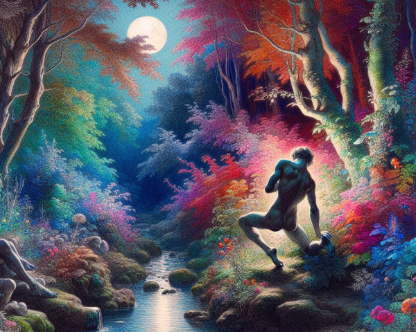Mystical Forest Scene with Kneeling Figure by Stream