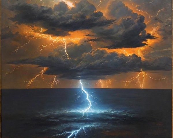 Dramatic Seascape with Stormy Clouds and Lightning