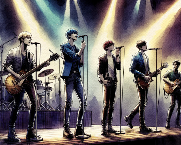 Five-Member Band Performing on Stage with Guitars