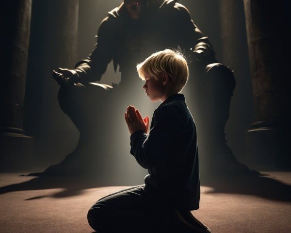 Young Boy Praying with Dark Figure in Background