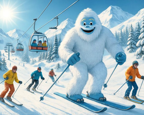 Fluffy White Yeti Skiing with Colorful Skiers on Slope