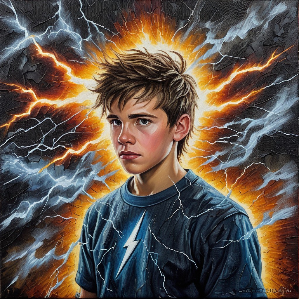Teenage Boy in Blue Shirt with Lightning Background