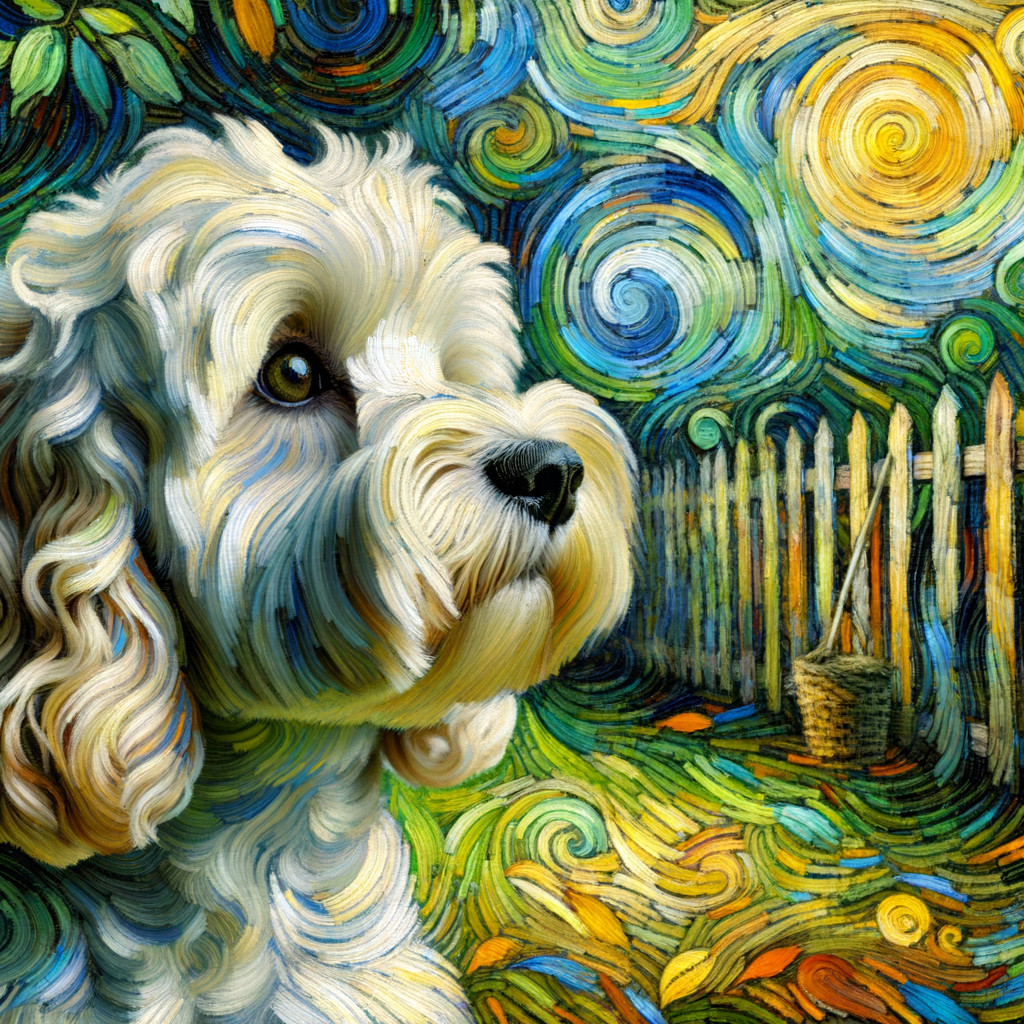 Fluffy White Dog in Van Gogh-Inspired Background