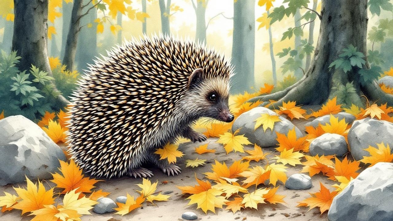 Hedgehog in Autumn Leaves in a Tranquil Forest Scene