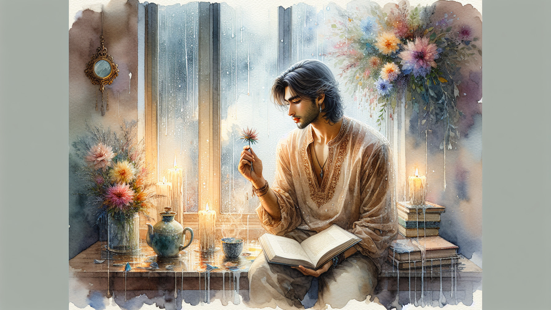 Watercolor Scene of Man by Rainy Window with Flowers