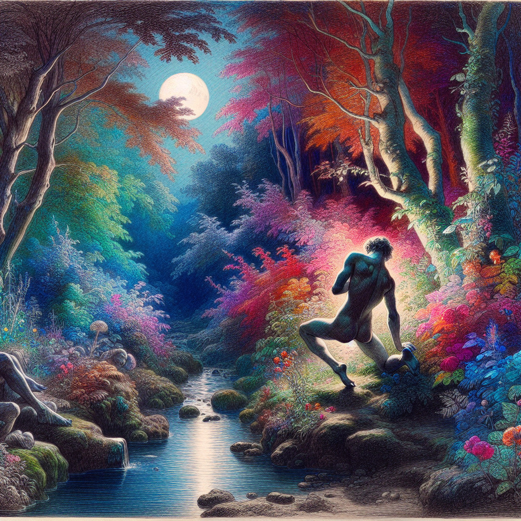 Mystical Forest Scene with Kneeling Figure by Stream