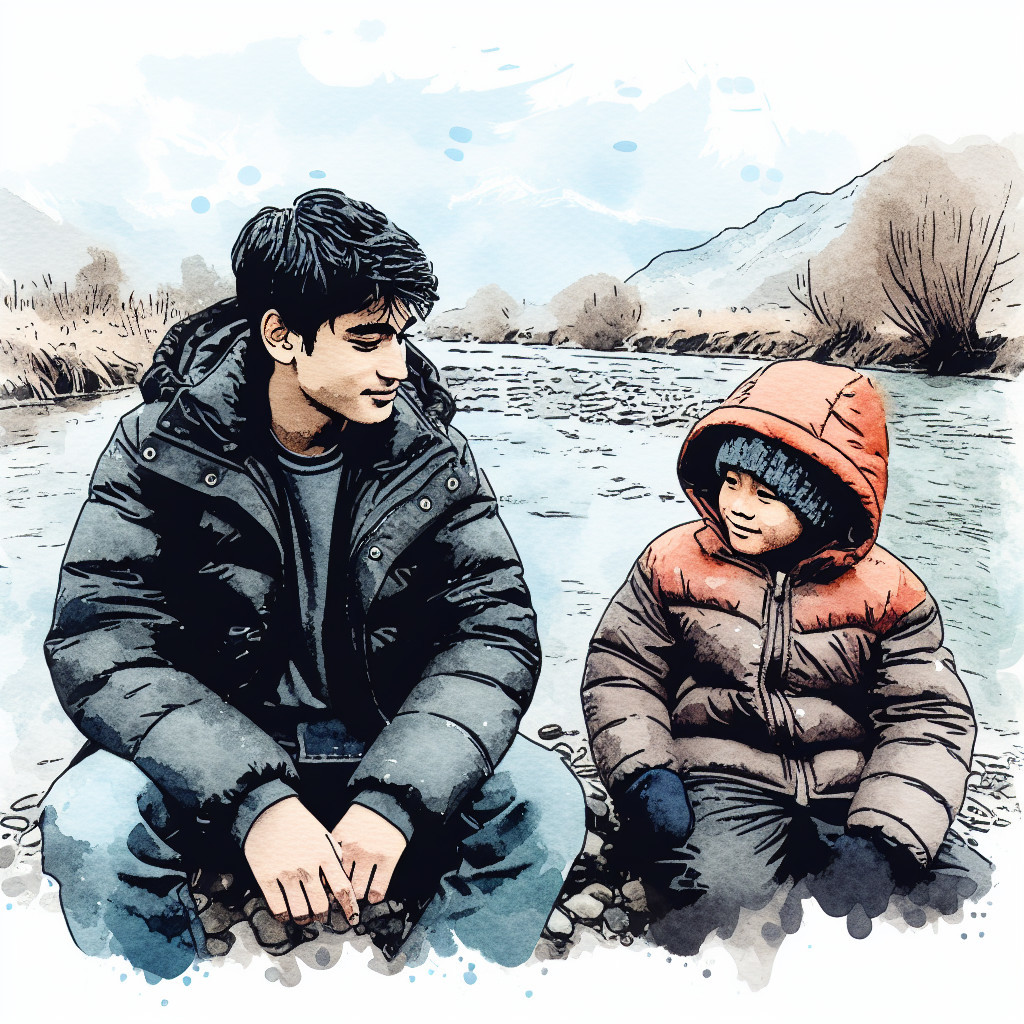 Serene River Scene with a Young Man and Boy Conversing