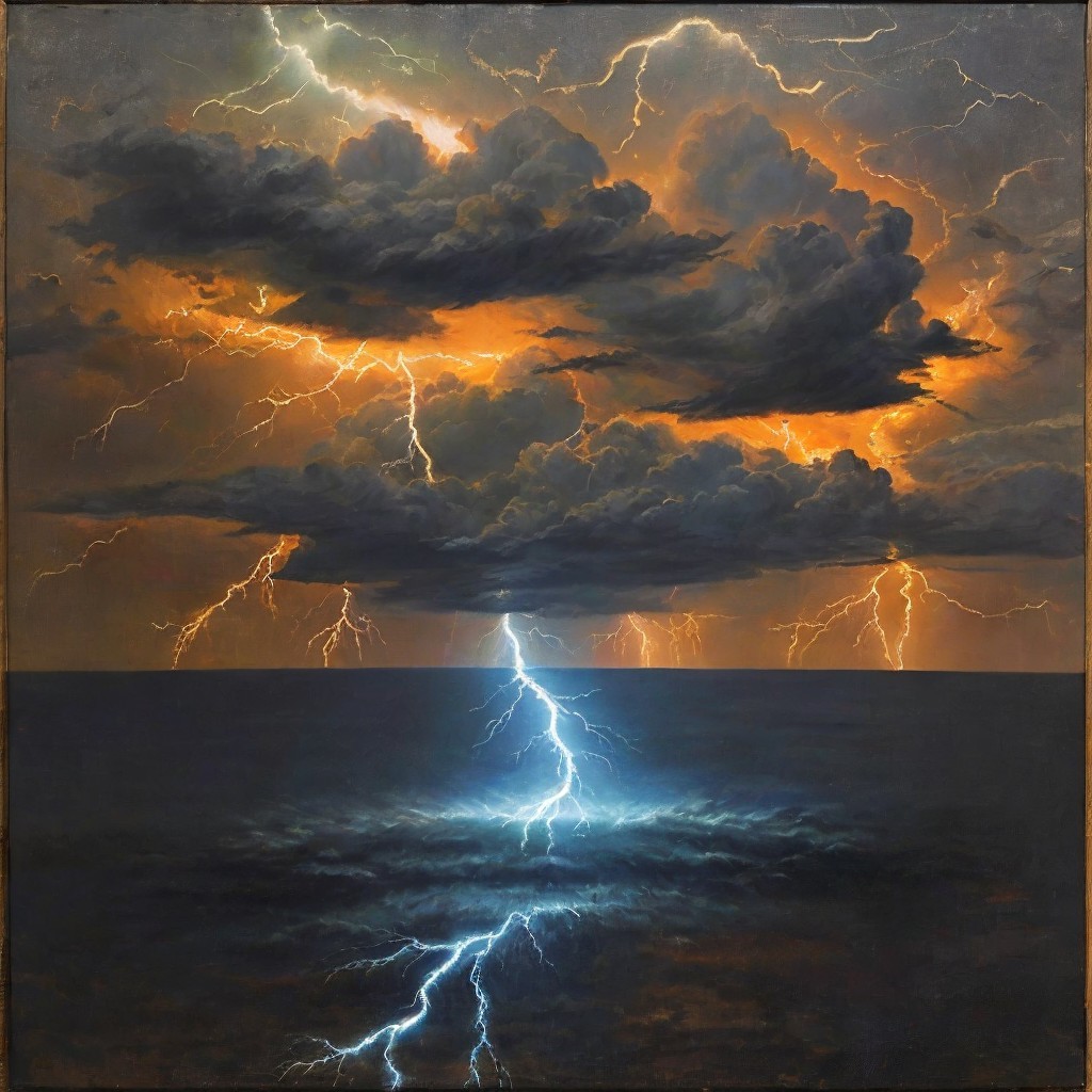 Dramatic Seascape with Stormy Clouds and Lightning