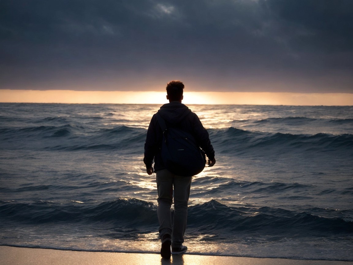 Silhouette by the Sea at Sunset with Dramatic Clouds