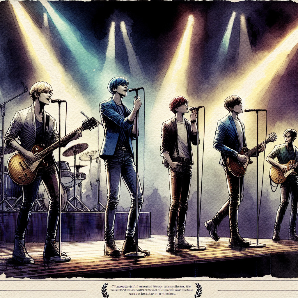 Five-Member Band Performing on Stage with Guitars