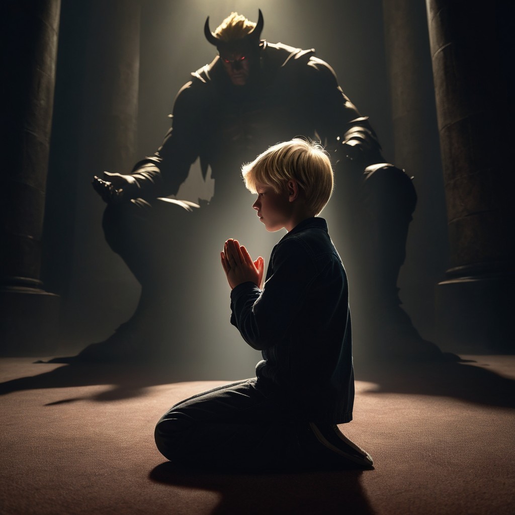 Young Boy Praying with Dark Figure in Background
