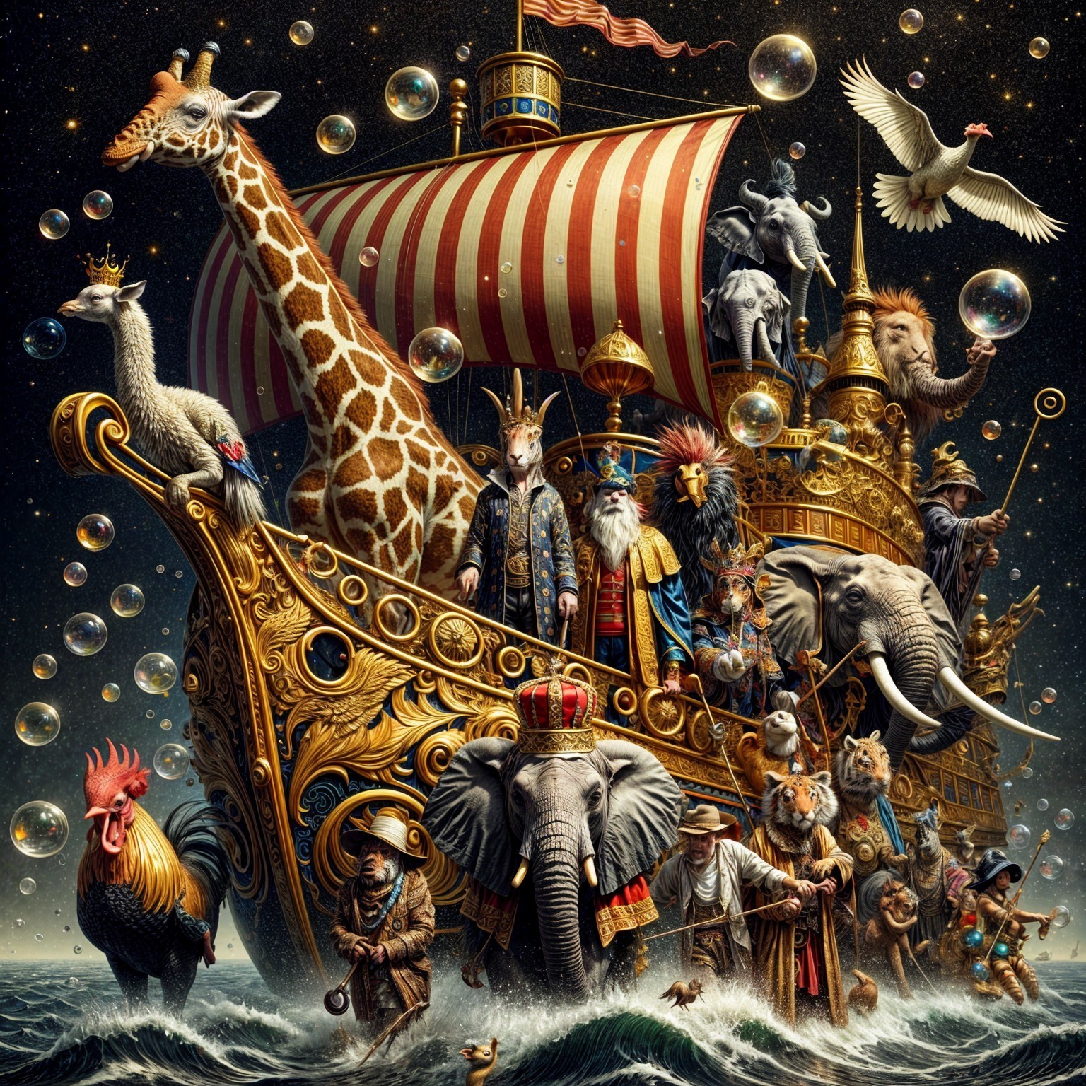 Whimsical Ship with Anthropomorphic Animal Crew