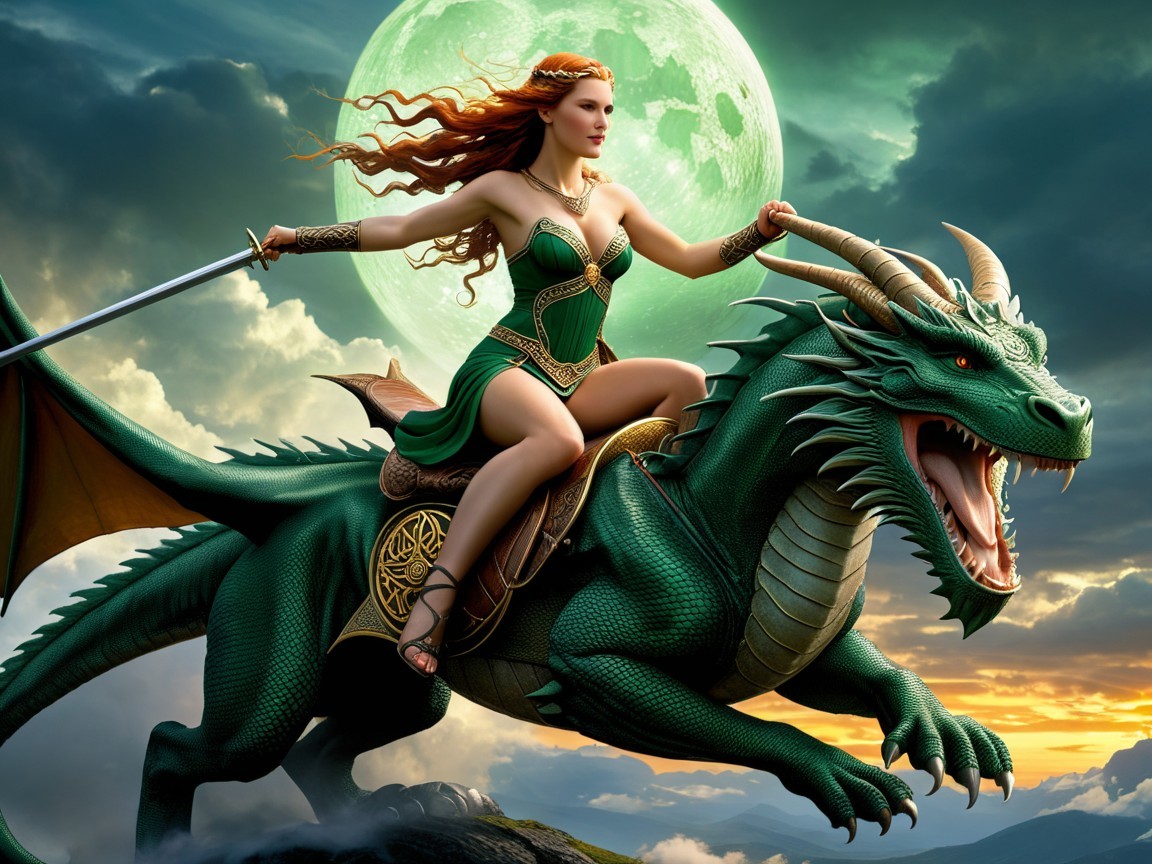 Warrior Woman on Green Dragon Beneath Full Moon