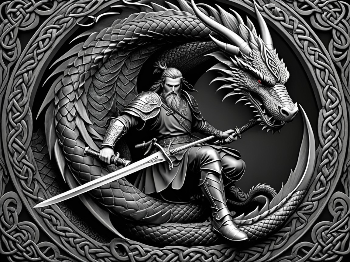 Heroic Figure with Sword on Coiling Dragon Design