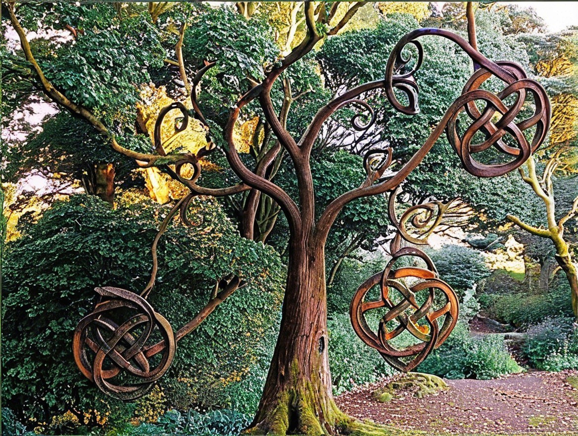 Majestic Tree with Celtic Knot Designs in Garden