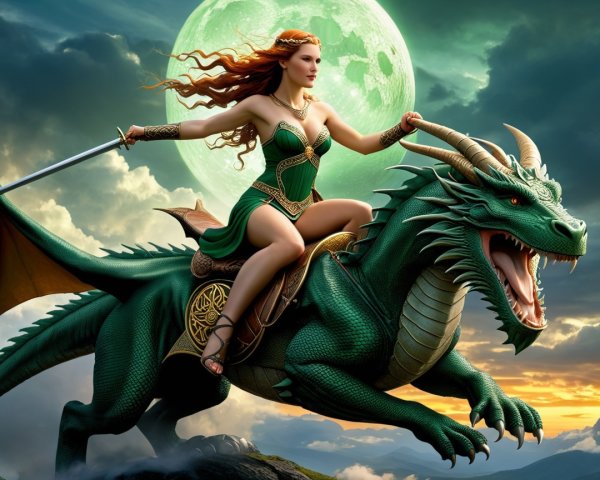 Warrior Woman on Green Dragon Beneath Full Moon