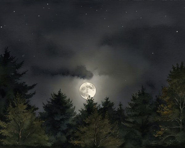 Luminous Full Moon Over a Tranquil Forest Scene