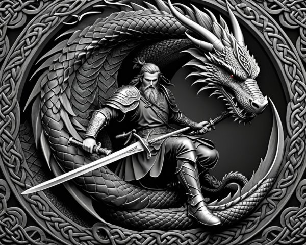 Heroic Figure with Sword on Coiling Dragon Design