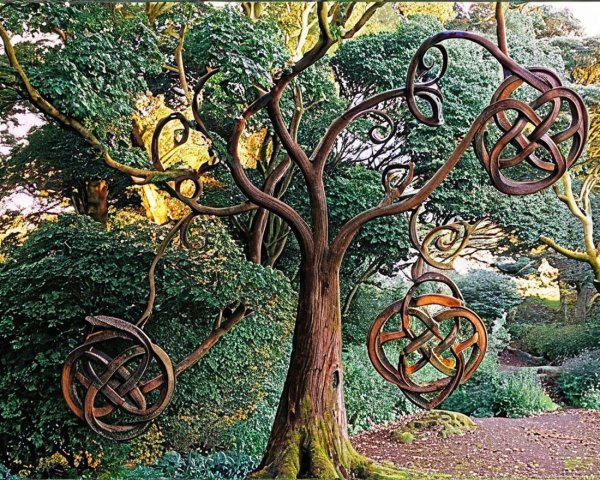 Majestic Tree with Celtic Knot Designs in Garden