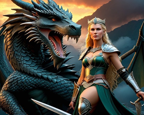 Warrior Queen and Dragon in Mountain Sunset Scene