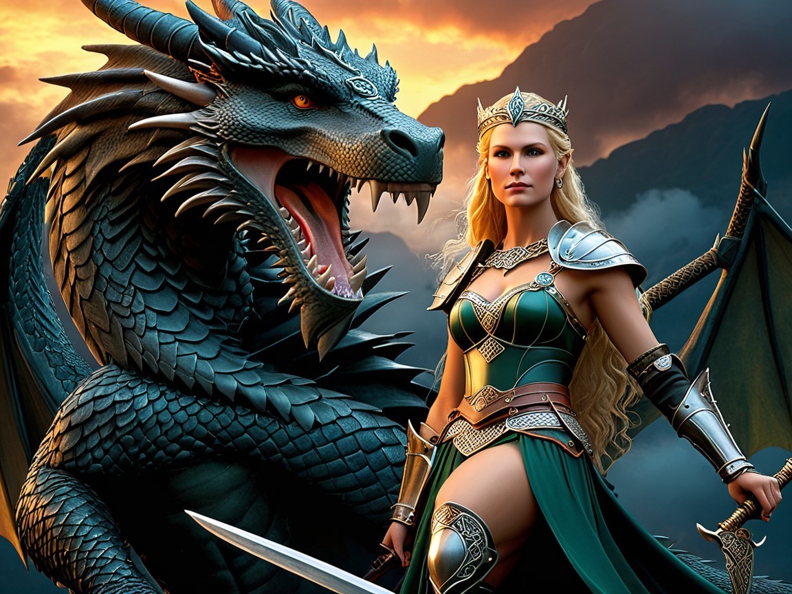 Warrior Queen and Dragon in Mountain Sunset Scene