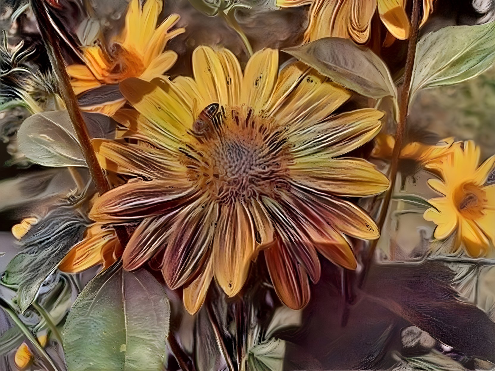 Vibrant Sunflower Surrounded by Lush Greenery and Bees