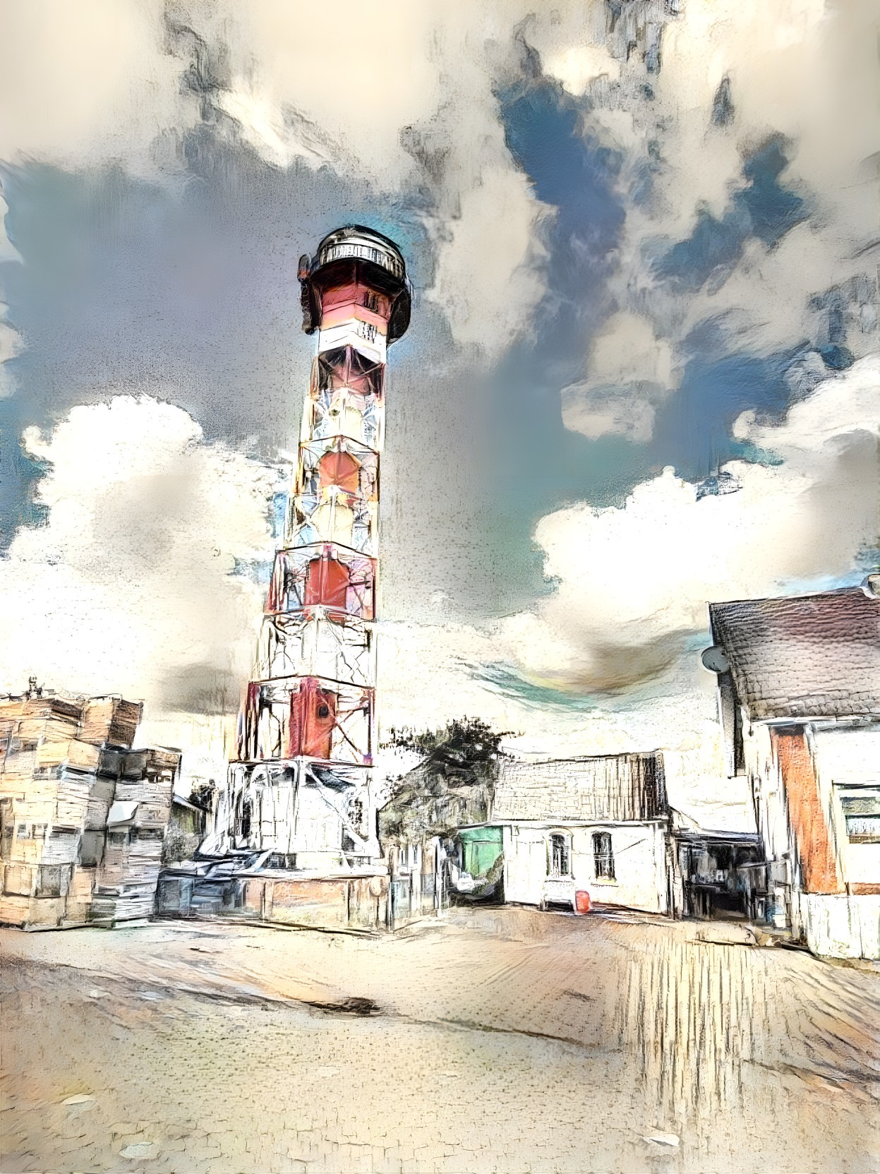 Colorful Striped Lighthouse in Coastal Scene