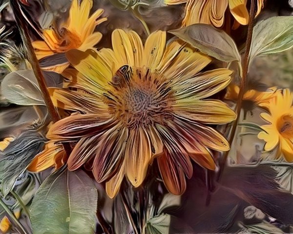 Vibrant Sunflower Surrounded by Lush Greenery and Bees