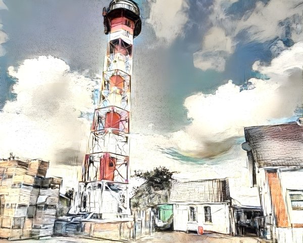 Colorful Striped Lighthouse in Coastal Scene