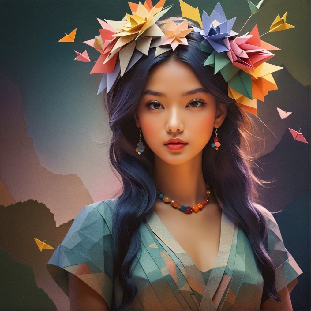 Young woman in floral crown and geometric dress