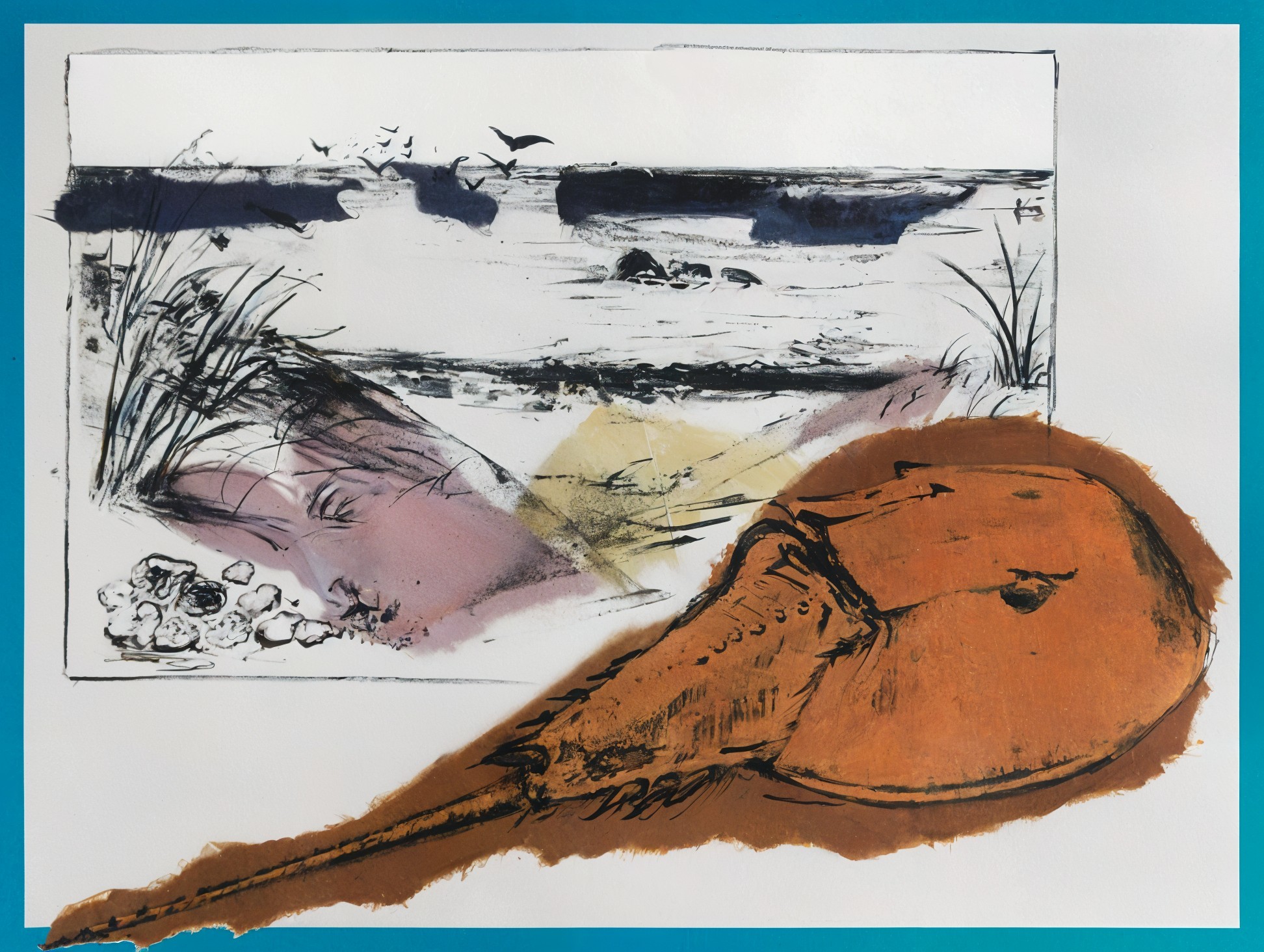 Illustrated Beach Scene with Stingray and Soft Colors