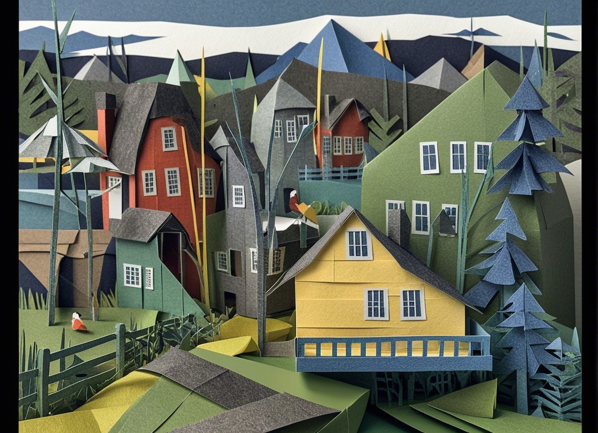Vibrant Paper Cut-Out Landscape of a Quaint Village