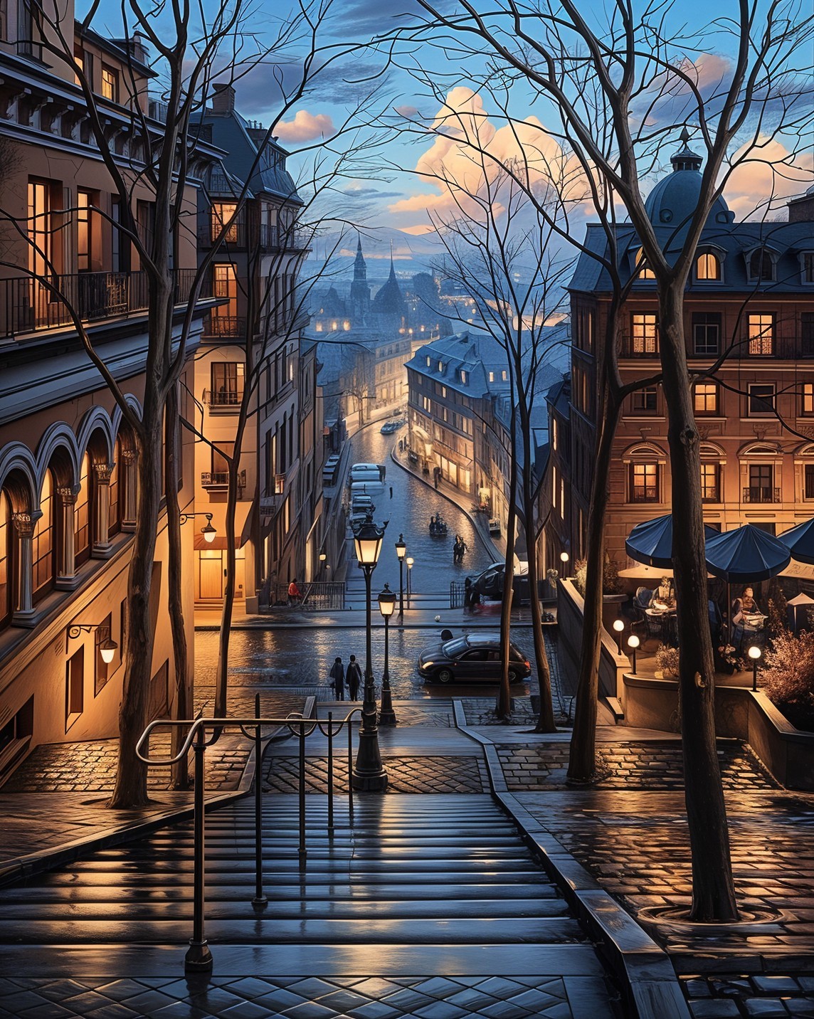 Dusk Street Scene with Cobblestones and Vintage Cars