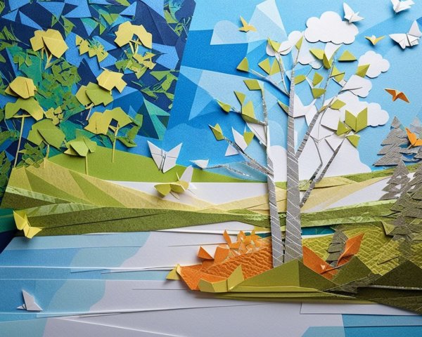 Vibrant Paper Collage of a Serene Landscape Scene
