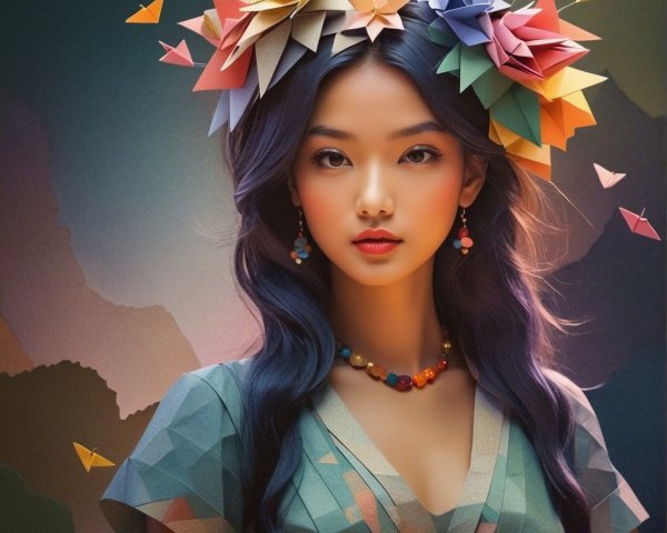 Young woman in floral crown and geometric dress
