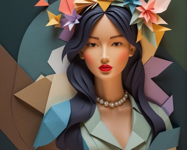 Stylized Paper Art Portrait of a Woman with Flowers