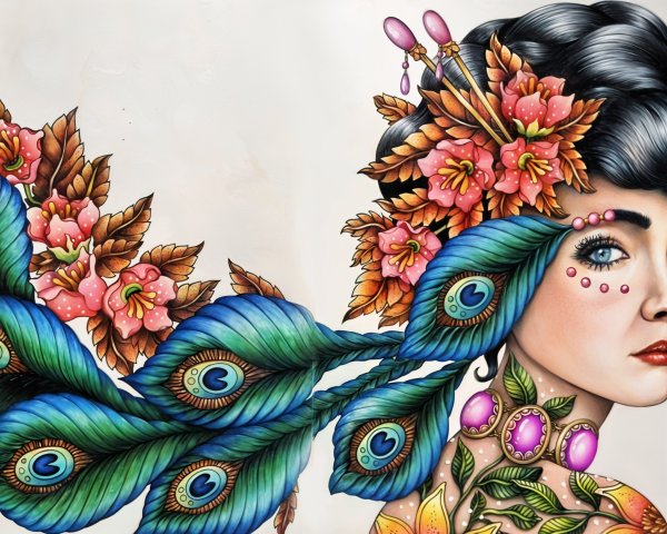 Vibrant Tattoo Design of Flowers and Peacock Feathers