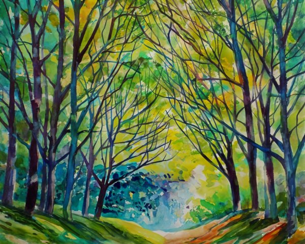 Vibrant Watercolor of a Serene Forest Pathway