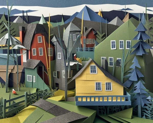 Vibrant Paper Cut-Out Landscape of a Quaint Village