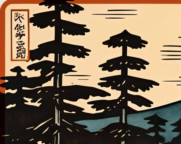 Stylized Landscape with Silhouetted Pine Trees
