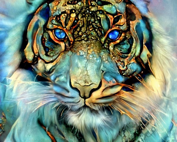 Vibrant Blue and Gold Tiger with Mystical Patterns