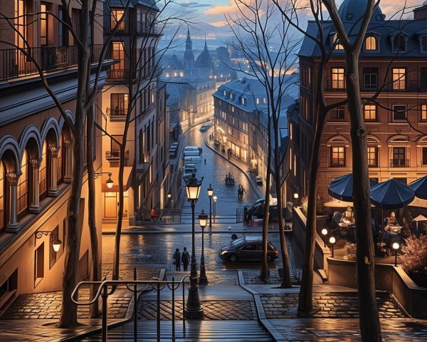 Dusk Street Scene with Cobblestones and Vintage Cars
